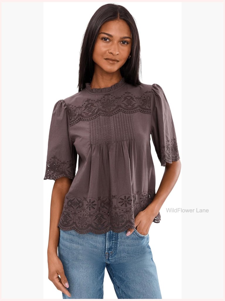 Embroidered Pintuck High-Neck Top Blouse